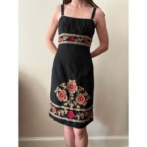Yves Cossette Depeche Mode Black Linen Embroidered Floral Sheath Dress 8 VTG